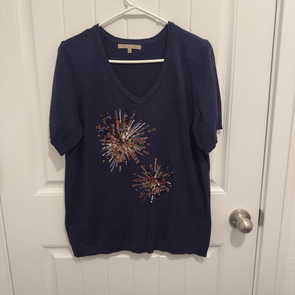 My Danielle Women's Navy Short Sleeve Lightweight Sweater Sequin Design Size M